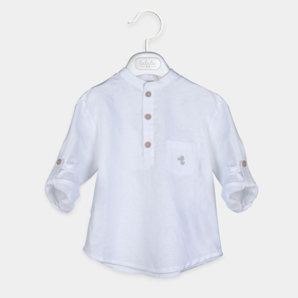 
Long-sleeved linen shirt from the Lalalù Childrenswear Line, with mandarin collar and wooden but...