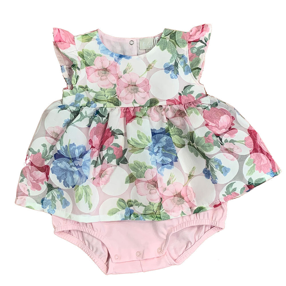 
Romper from the Lalalù Girl's Clothing Line, with the upper part overlaid with flowers, and the ...