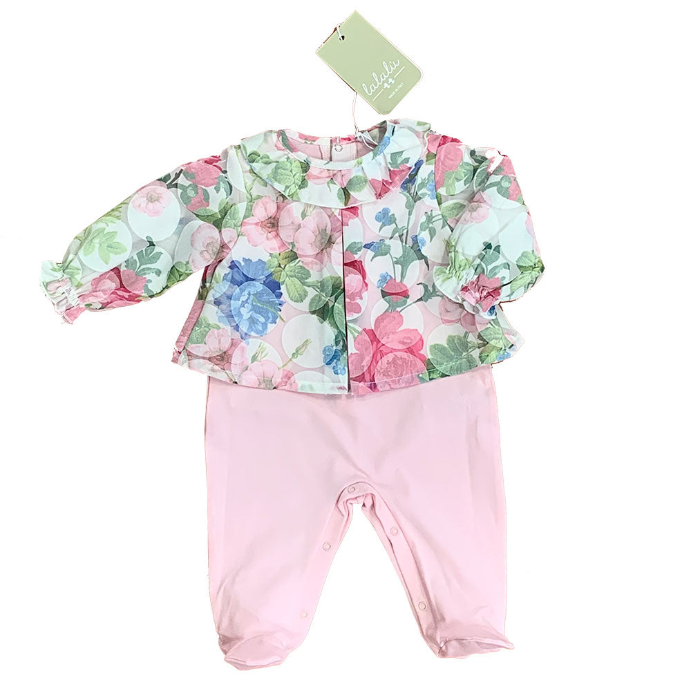 
Jumpsuit from the Lalalù Girl's Clothing Line, with a floral blouse overlaid on the upper part a...