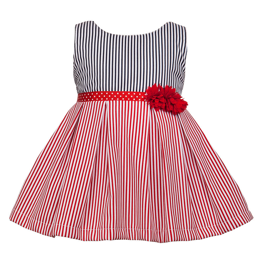 
  Dress from the M&B Fashion Childrenswear Line with wide striped skirt
  red, gross-grain strap...