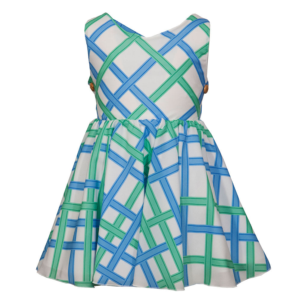 
  Dress from the M&B Fashion Childrenswear Line with wide skirt and straps
  crossed on the back...