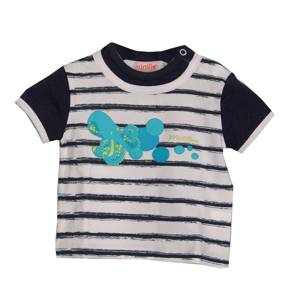 
  Complete two pieces of the line baby clothes Mirtillo. Striped T-shirt with
  contrasting prin...