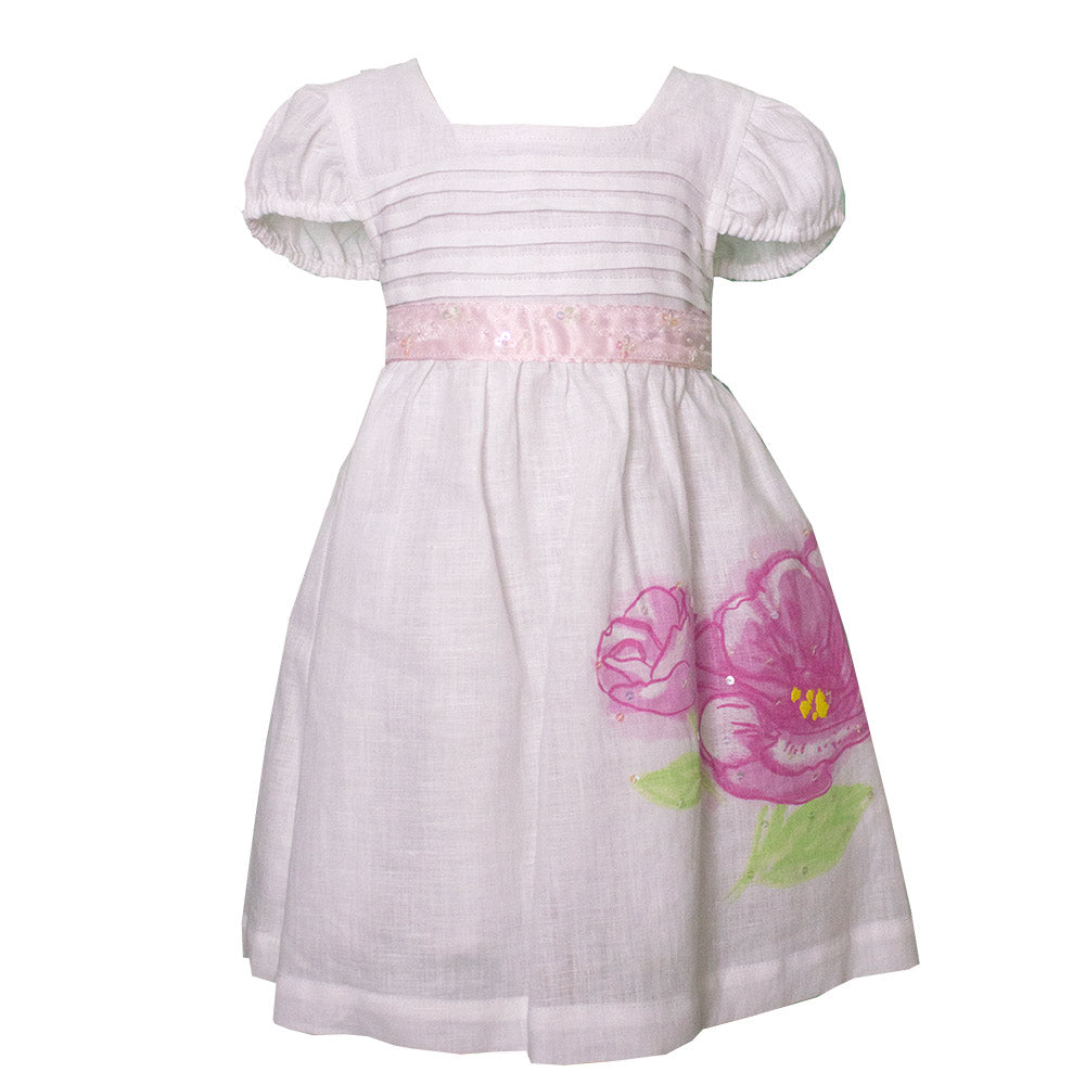 
  Linen dress from the Mirtillo children's clothing line. Neckline with pleating;
  balloon mann...