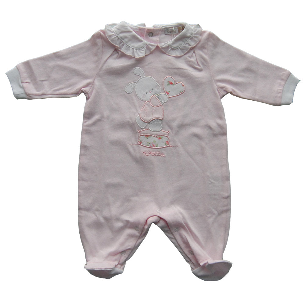 
  Baby footsuit from the Ninetta clothing line. Solid colour with application
  fabric on the fr...