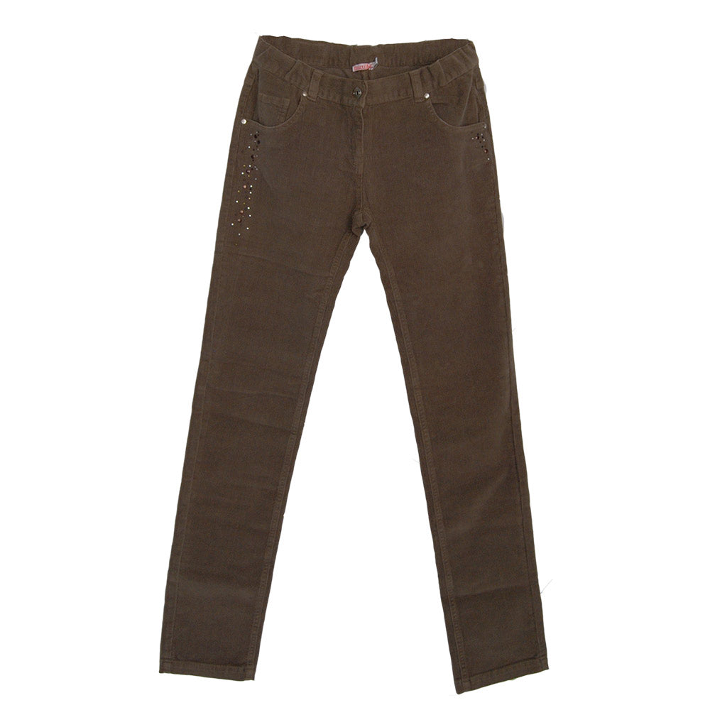 
  Striped velvet trousers from the girls' clothing line Mirtillo. Solid colour
  five pocket mod...