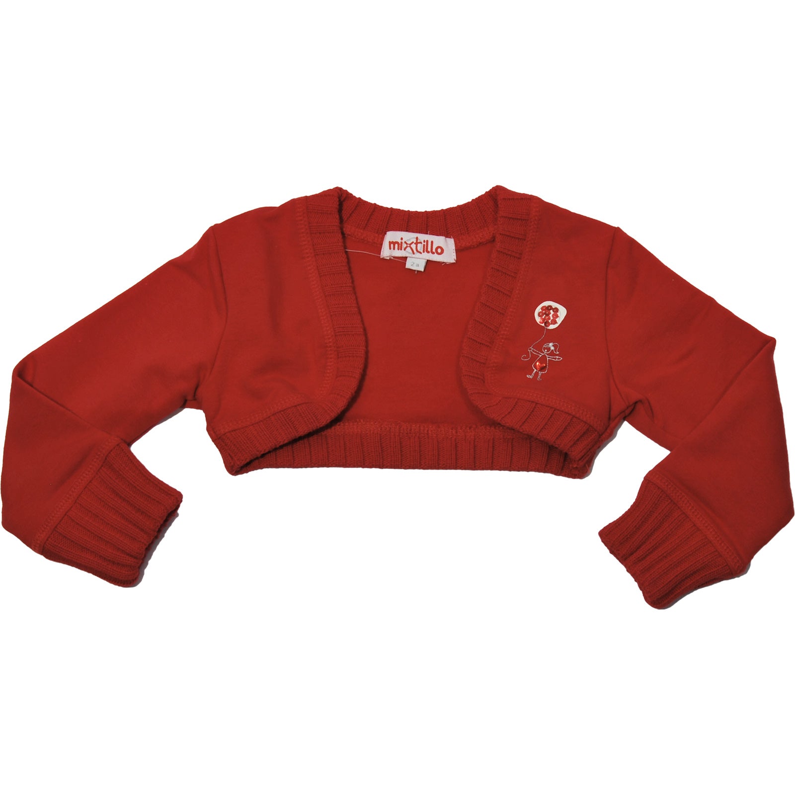 
  Sweatshirt shrugs from the Mirtillo girl's clothing line with ribbed trim and cuffs. On the fr...