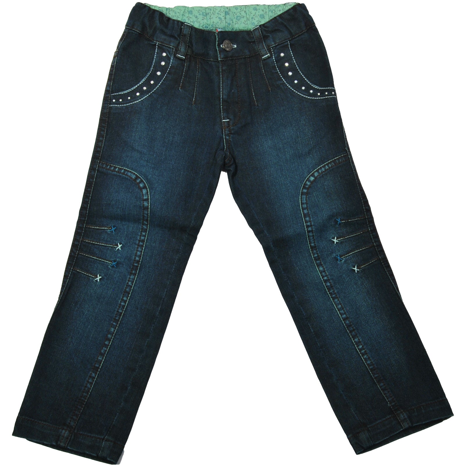 
  Denim pants from the girls' clothing line Mirtillo, bottle green wash. Application of rhinesto...