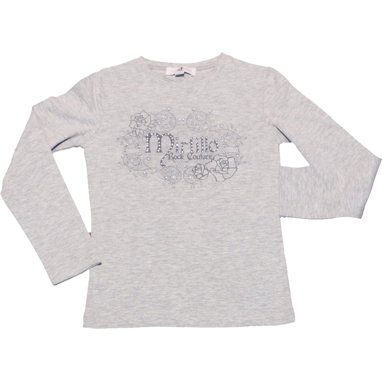 
  Long-sleeved T-shirt from the girls' clothing line Mirtillo with rhinestones and print on the ...