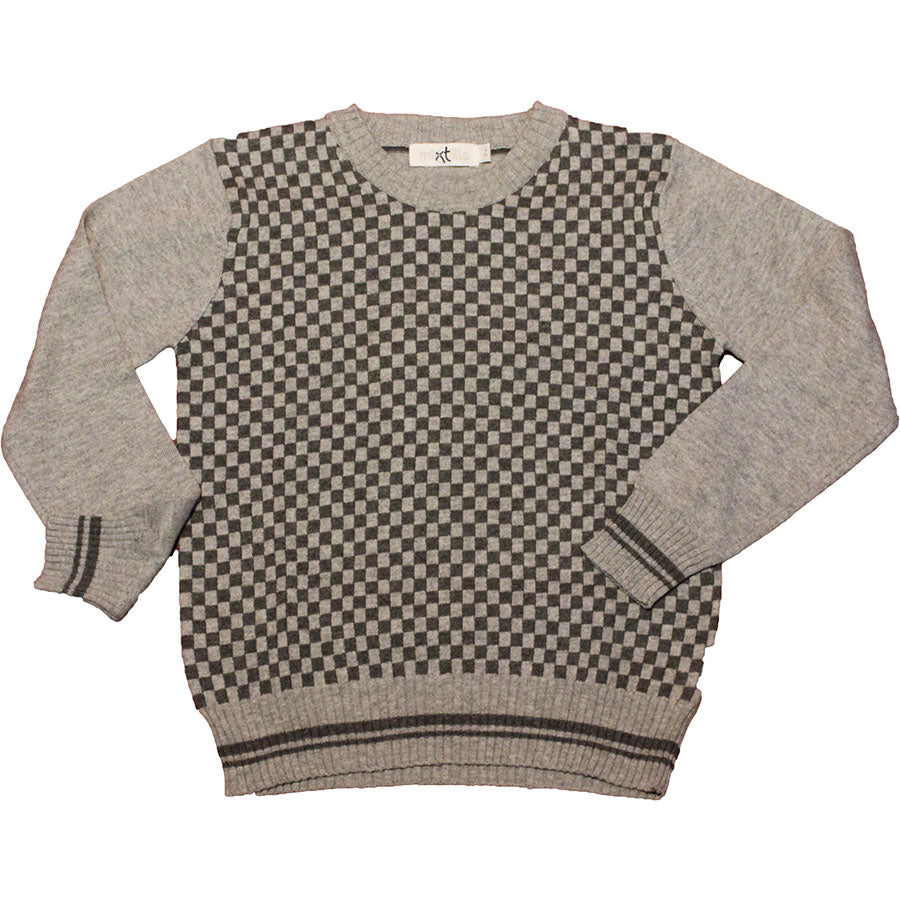
  Even-neck sweater from the children's clothing line Mirtillo with checked pattern on the front...