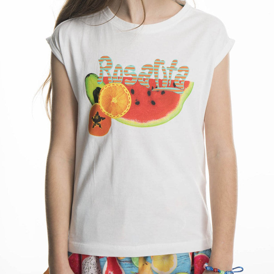
  Rosalita Senoritas girl's clothing line t-shirt with colorful print
  on the front on a white ...