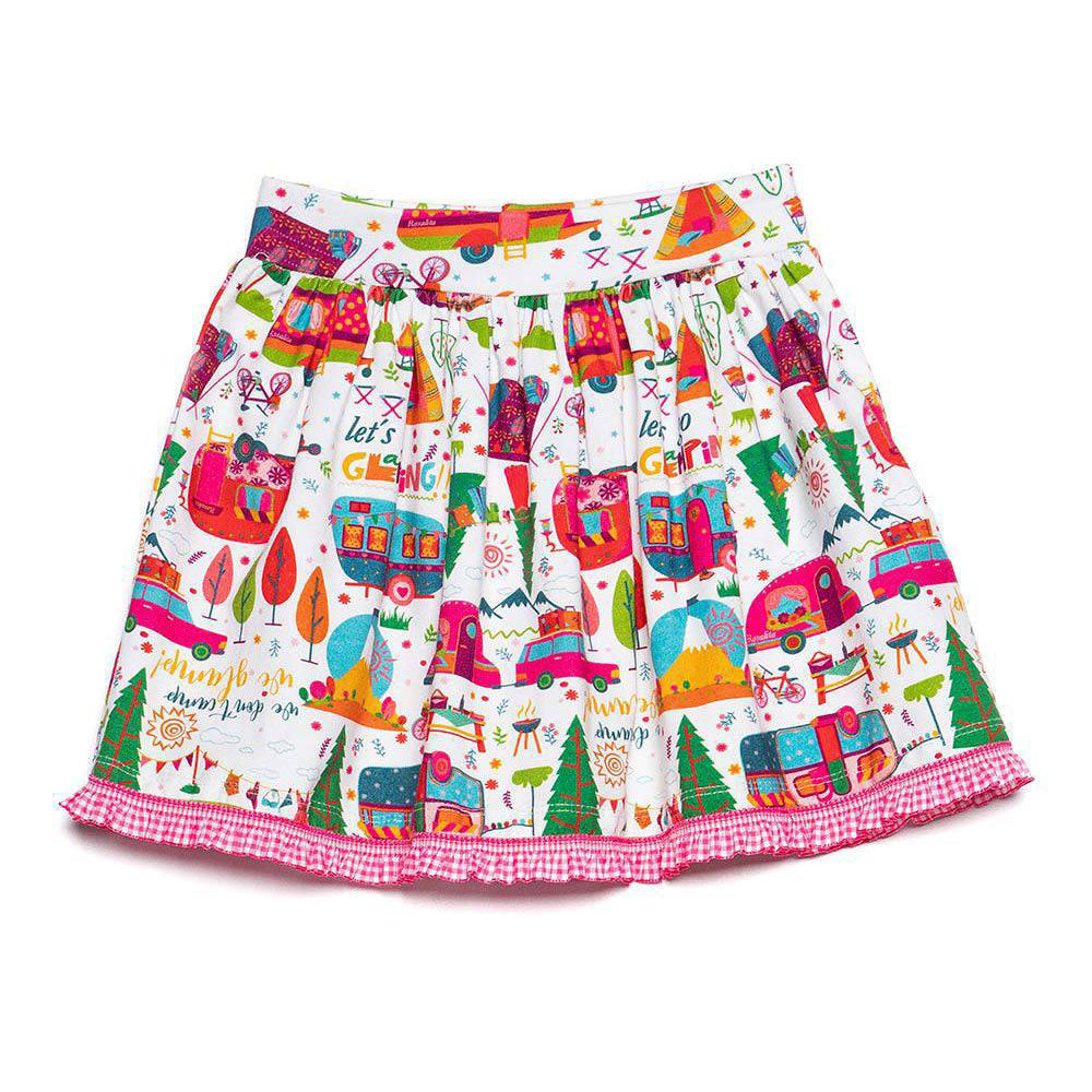 
  Wide skirt from the Rosalita Senoritas girl's clothing line, with fantasy
  multicolor on a wh...