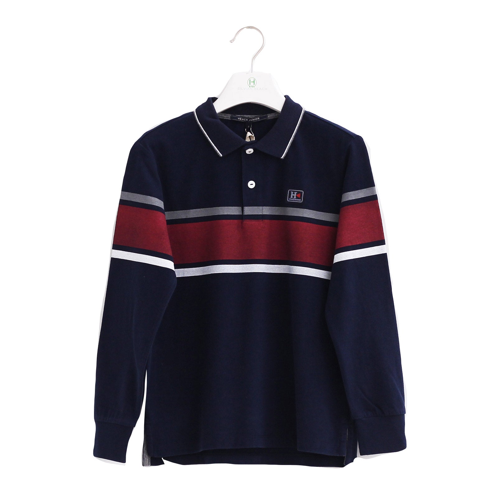 
  Polo shirt from the Silvian Heach Kids clothing line, long sleeve, striped pattern on a grey b...