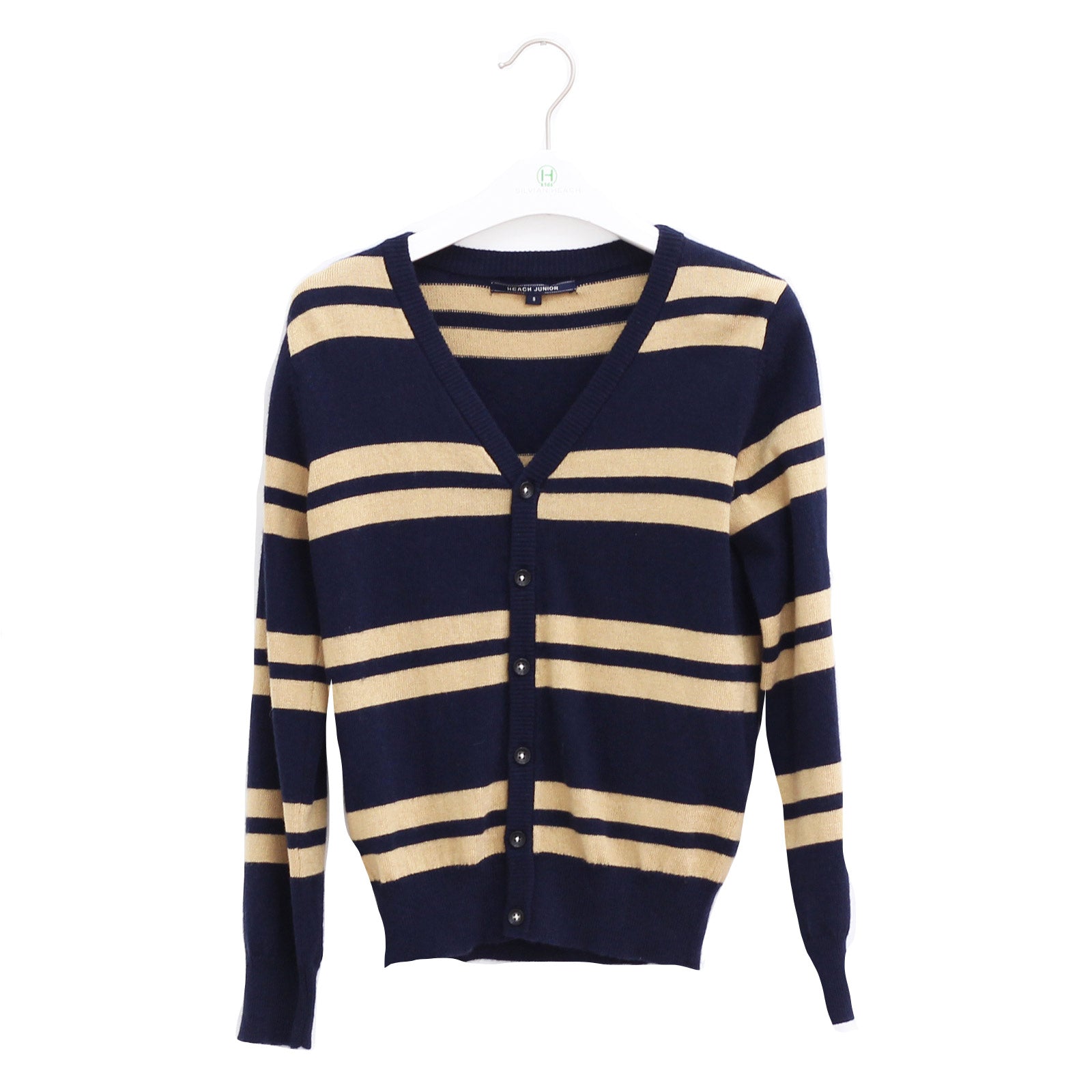 
  Silvian Heach Kids' clothing line cardigan with "v" neckline, burgundy striped pattern
  on bl...