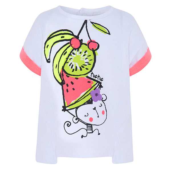 
  T-shirt from the Tuc Tuc girl's clothing line with fluorescent designs on the front and
  lape...