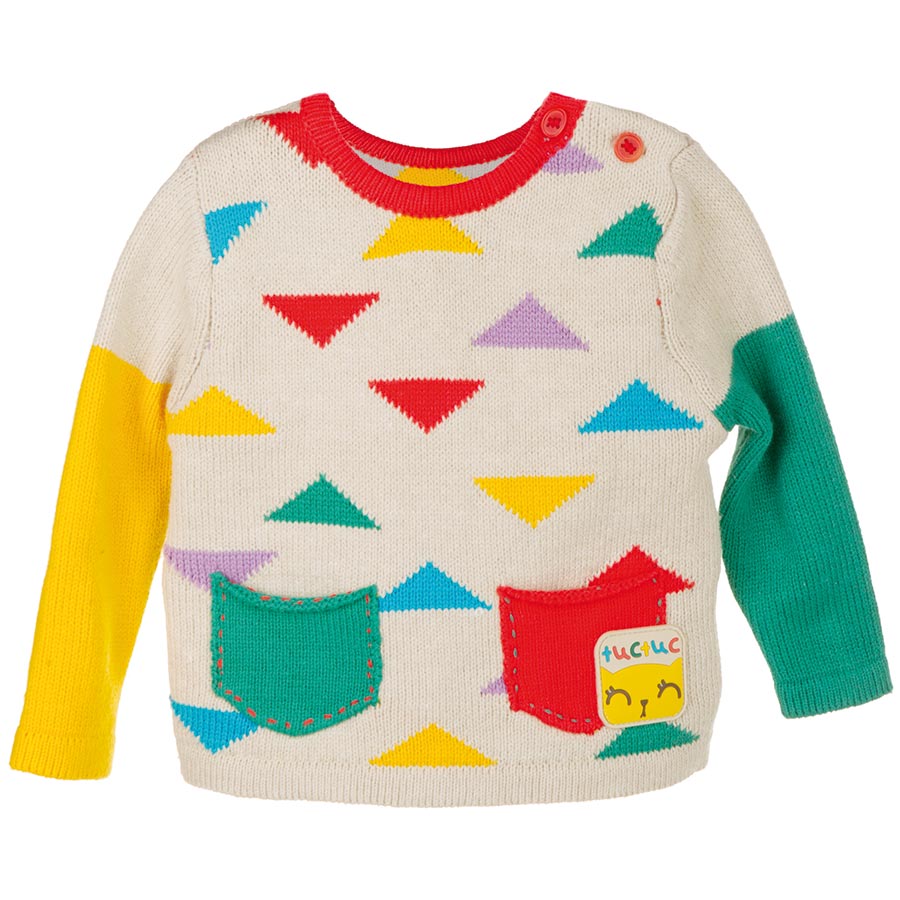 
  Beautiful sweater from the Tuc Tuc girl's clothing line, with two-tone sleeves and
  little bu...
