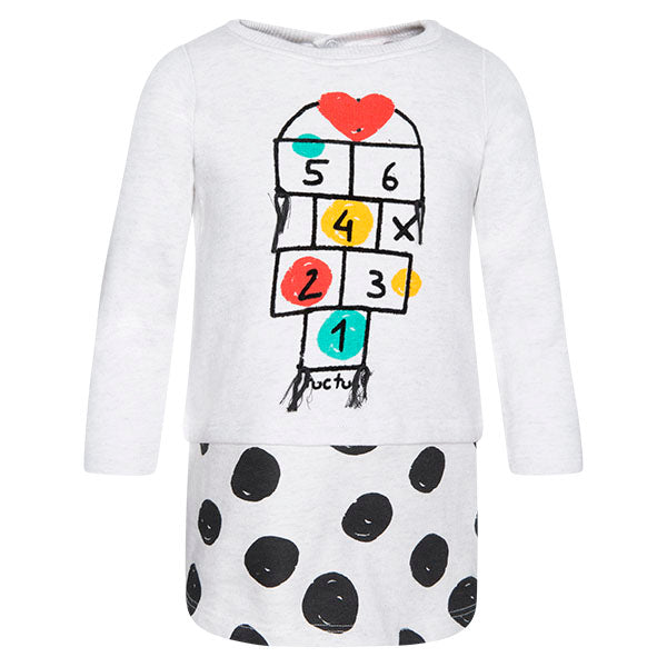 Plush dress from the Tuc Tuc girl's clothing line, with polka dot skirt and colour print on the f...