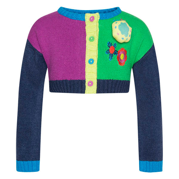 Cardigan with multicolor buttons, embroidery and application on one side.

ALL, UPPER FABRIC, COT...