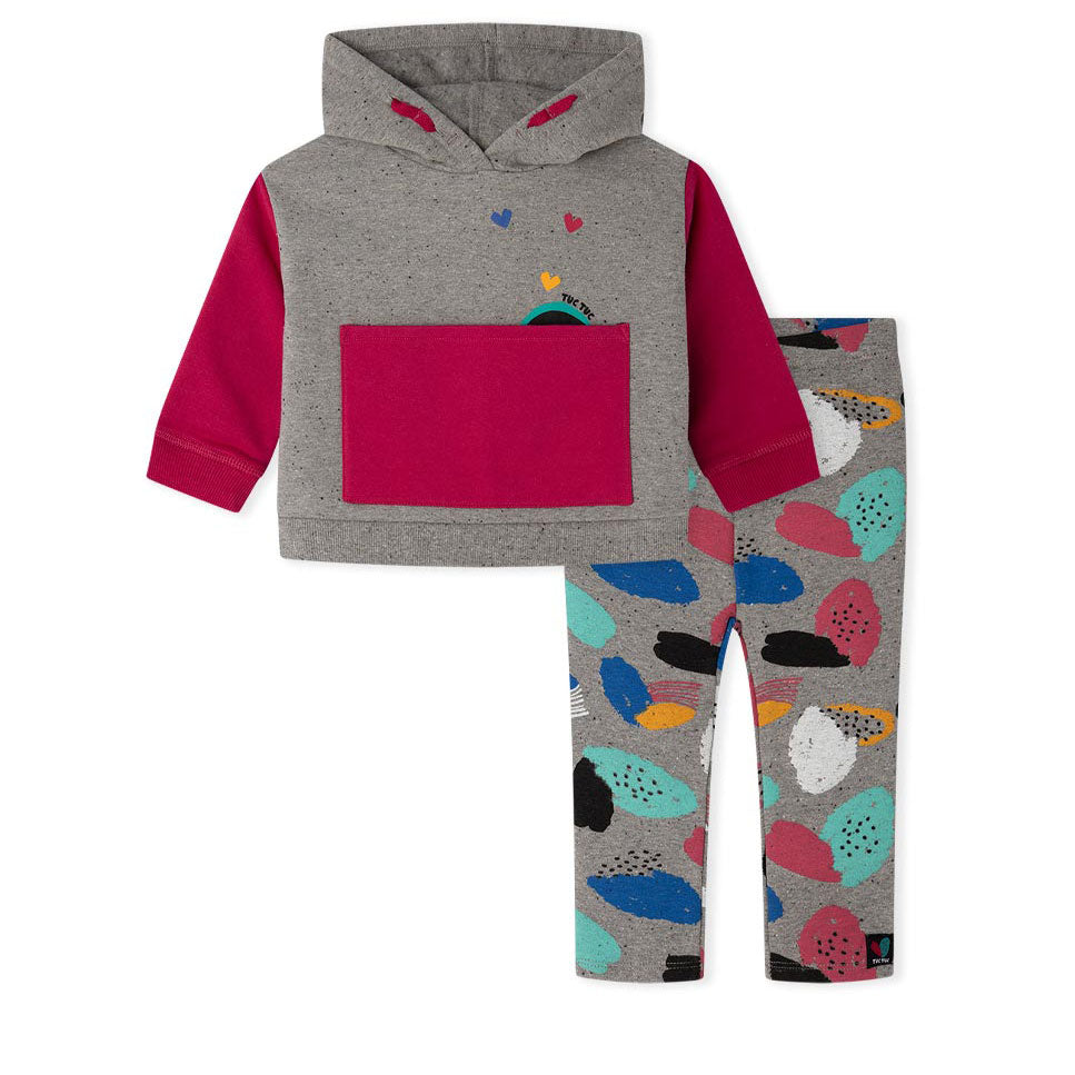 
Two-piece suit from the tuc Tuc Girl's Clothing Line, with hooded sweatshirt and front pocket, m...