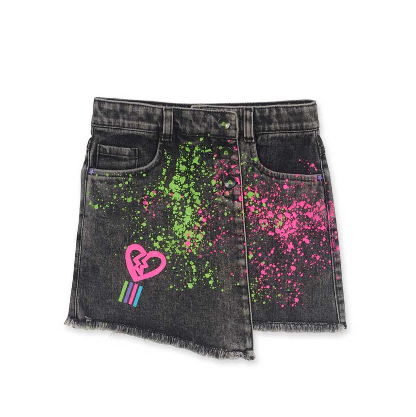 Denim skirt from the Tuc Tuc Girls' Clothing Line, wrap model with colorful spray-type prints.
Co...