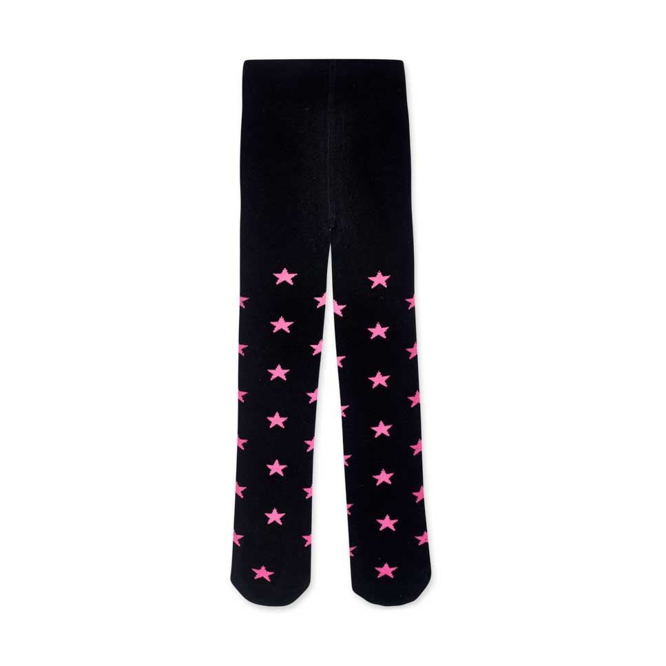 Tights from the Tuc Tuc girls' clothing line, with a fluorescent star pattern on a black backgrou...
