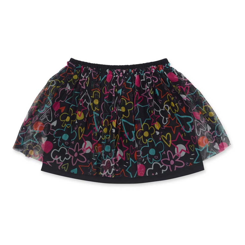 Skirt from the Tuc Tuc girls' clothing line, with tulle in a multicolored pattern on the outside....