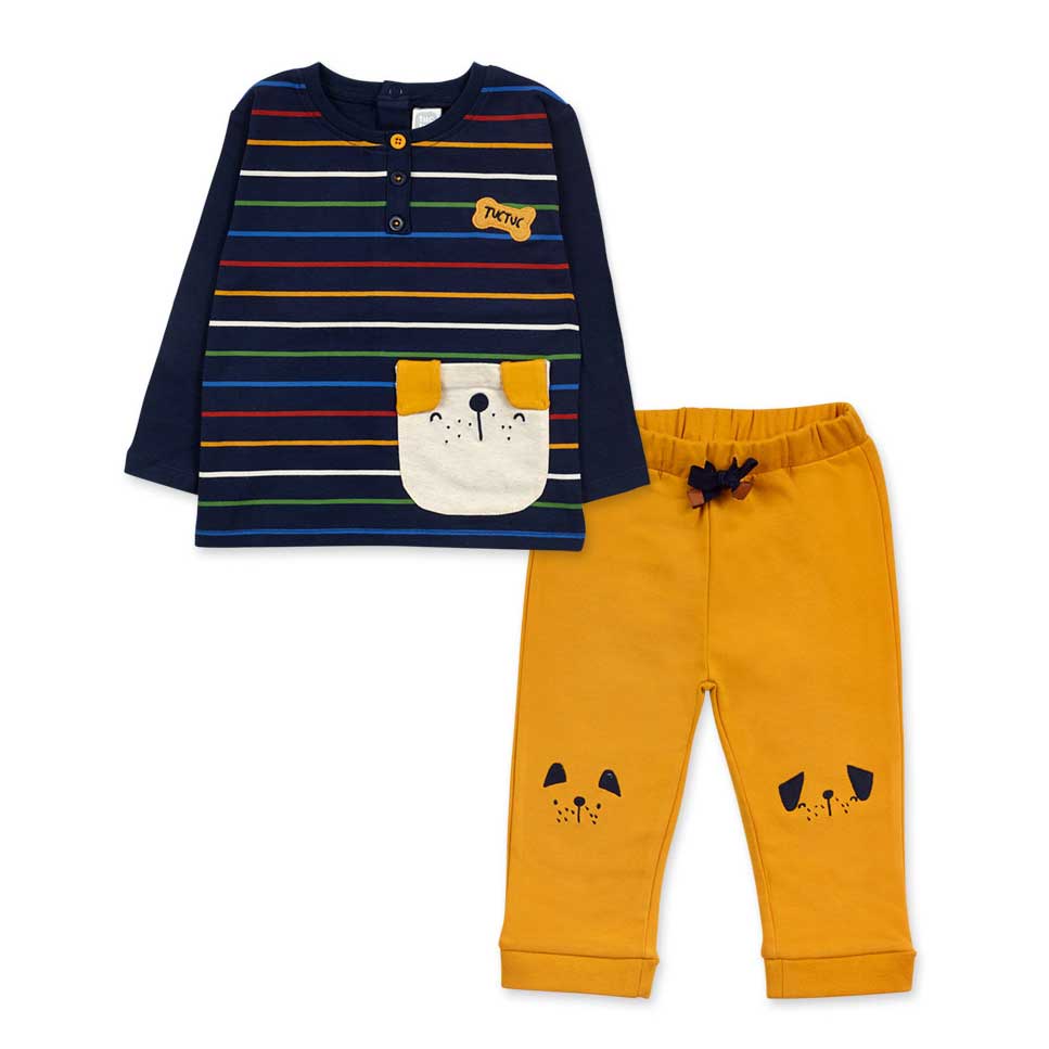 Two-piece set from the Tuc Tuc Children's Clothing Line with a patterned sweatshirt and plain col...