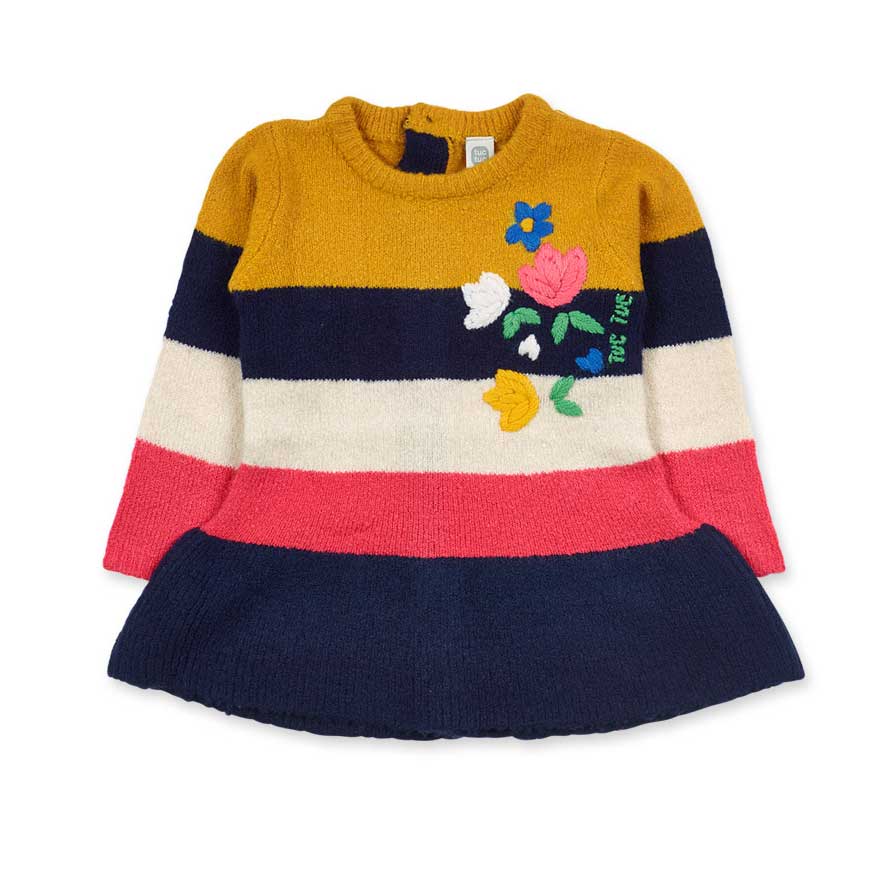 
Dress from the Tuc Tuc girls' clothing line, knitted with a striped pattern and colorful embroid...