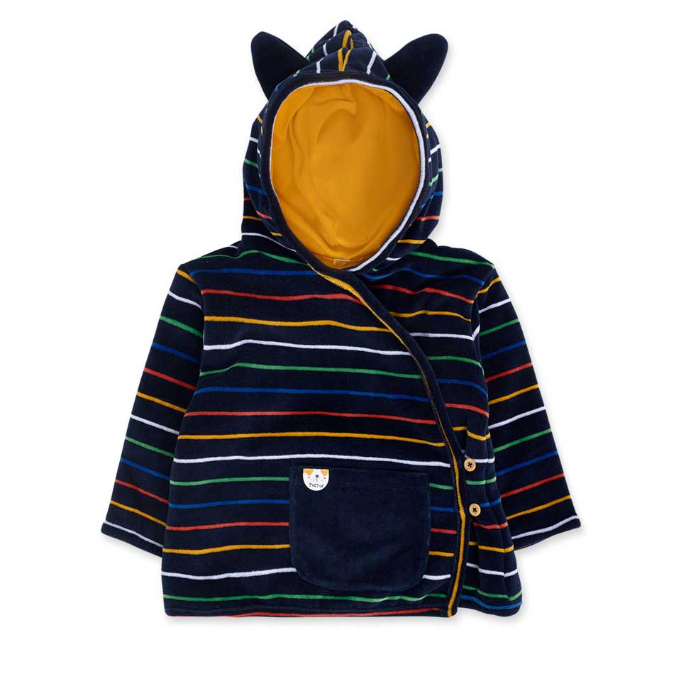 Velvet parka from the Bmabino tuc Tuc clothing line, with hood and multicolor striped pattern on ...
