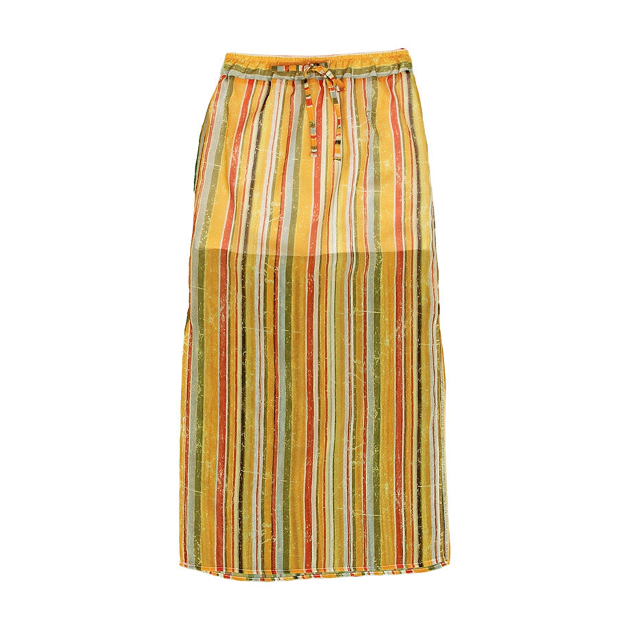 

Long skirt from the Via delle Perle clothing line in light multicoloured striped fabric with pe...